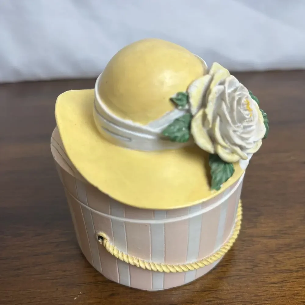 VTG Two's Company 3” Trinket Box Round Hat Box Yellow Flower Easter Spring Gift